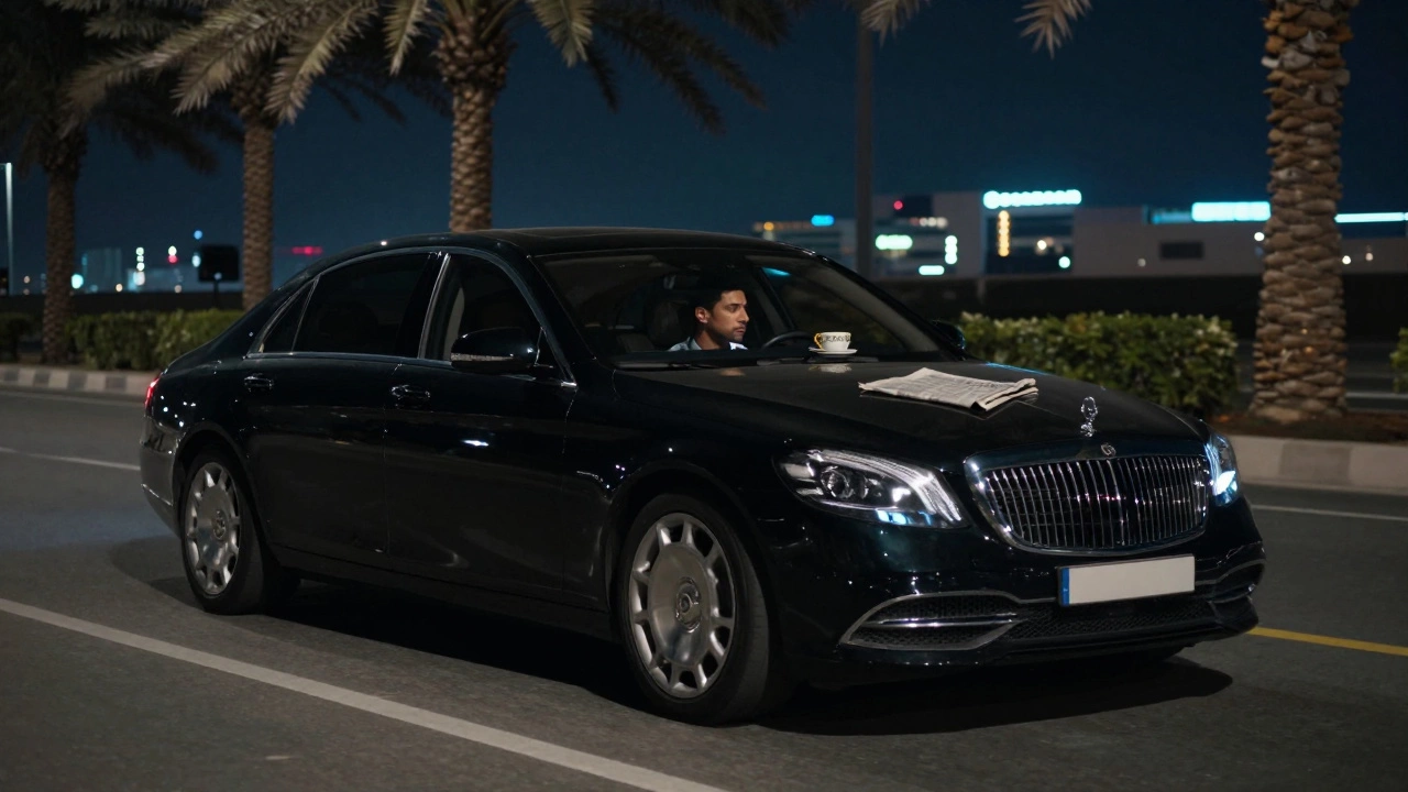 A luxury car drives silently through Dubai at night, hinting at a discreet, unspoken encounter.