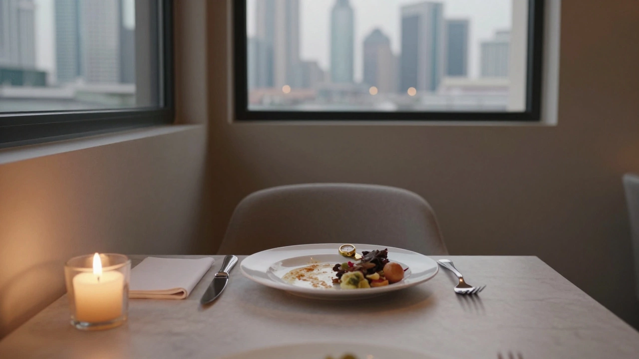 An empty chair at a candlelit Dubai restaurant holds only a watch and a folded note.